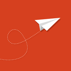 Paper plane with dotted line. Origami paper airplane. Handmade aircraft. Concepts travel, business, growth, the way forward. Vector illustration