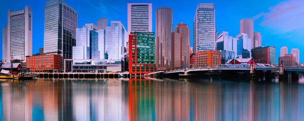 Boston City Skyline, modern buildings, and water reflections on the Charles River in Massachusetts,...