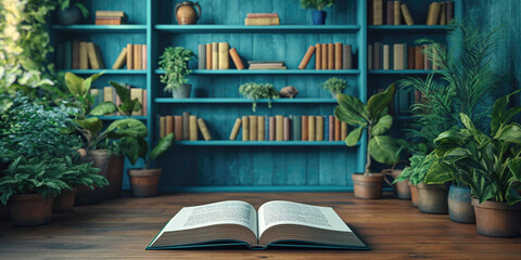open book indoors with house plants - obrazy, fototapety, plakaty