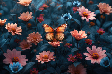 Fototapeta na wymiar natural background, butterfly among flowers on a dark meadow