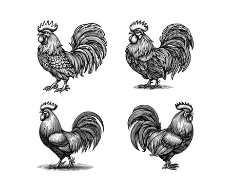 set of roosters illustration. hand drawn rooster black and white vector illustration. isolated white background