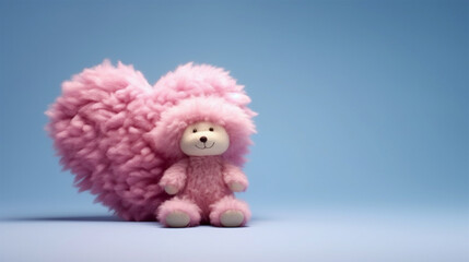 pink soft teddy bear with pink fur heart on blue background with copy space.greeting card and valentines day concept