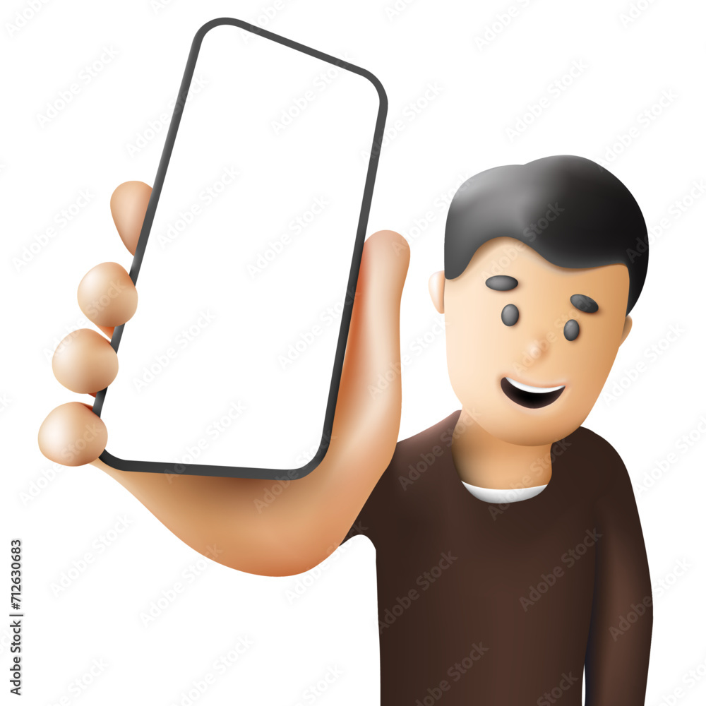 Poster a cartoon-style person displaying a phone with an empty screen - vector illustration as a template f