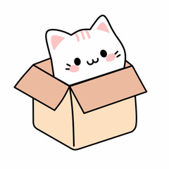 Illustration of Kitten in the box in kawaii style. Isolated on white