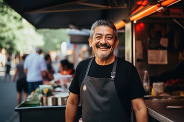 Smiling portrait of a middle aged mexican man working in food truck - Powered by Adobe