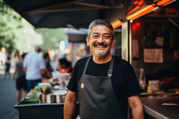 Fotobehang Smiling portrait of a middle aged mexican man working in food truck © Geber86