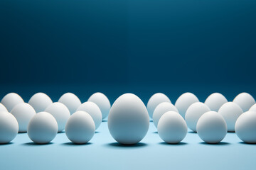 A large group of white eggs with a larger egg in the center forms a striking pattern against a blue gradient background, showcasing a blend of color and form.
