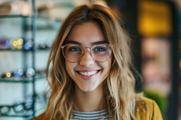 Young woman trying out glasses in optics store