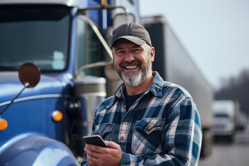 Smiling truck driver using smartphone in front of semi truck - obrazy, fototapety, plakaty