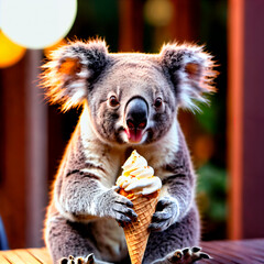 A Koala’s Delight: How a Fluffy Animal  Enjoys a Waffle Cone with Ice Cream 