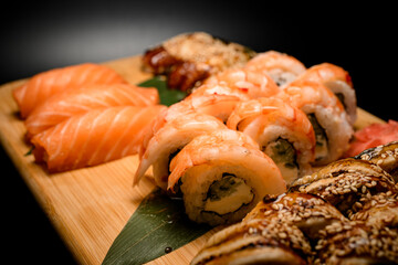 Focus on sushi rolls philadelphia with shrimp