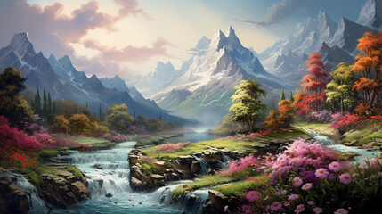Illustration of an imaginary world, panorama of a tall rocky mountain covered in white smoke, under the mountain flowing a clear and fresh river, on the bank of the river , Generate AI - obrazy, fototapety, plakaty