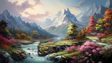 Foto op Canvas Illustration of an imaginary world, panorama of a tall rocky mountain covered in white smoke, under the mountain flowing a clear and fresh river, on the bank of the river , Generate AI © VinaAmeliaGRPHIC