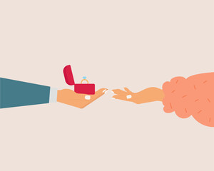Make a marriage proposal. Men's hand holds a jewelry red box with a ring. Female hand reaches for the ring. Wedding concept. Vector illustration.