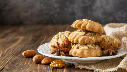 A sumptuous display of almond cookies on a rustic wooden table, adorned with star anise and whole almonds. Perfect for culinary content and recipe inspirations. - obrazy, fototapety, plakaty