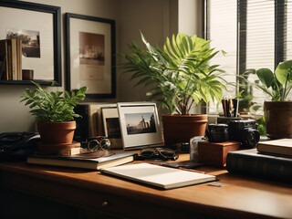 Desk with a blank picture frame design, desk objects, office supplies, books, and a plant.