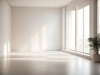 Fototapeta premium Empty, minimal white room with interesting glare from the window. Interior background for the presentation design.
