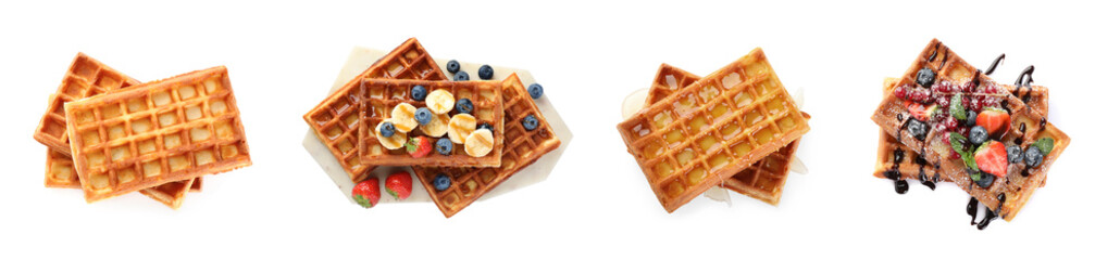 Tasty Belgian waffles isolated on white, collection. Top view