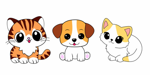 Happy little pets on kawaii style isolated on white background