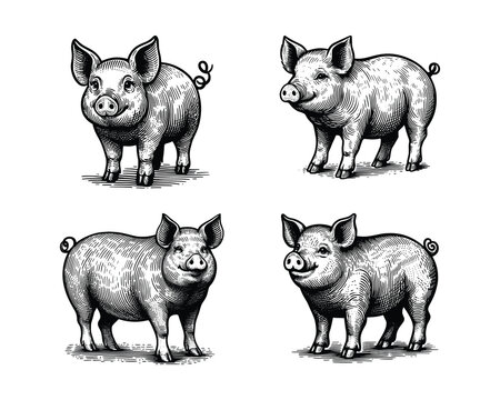 set of pigs illustration. hand drawn pig black and white vector illustration. isolated white background