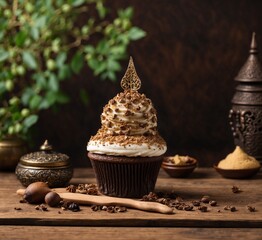 Cupcake with whipped cream and coffee beans on wooden table.