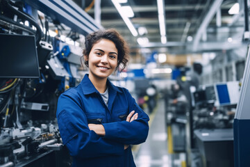 Fototapeta na wymiar Confident female mechanic stands proudly in an industrial plant setting