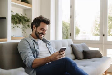 Smiling young man using smartphone on sofa at home