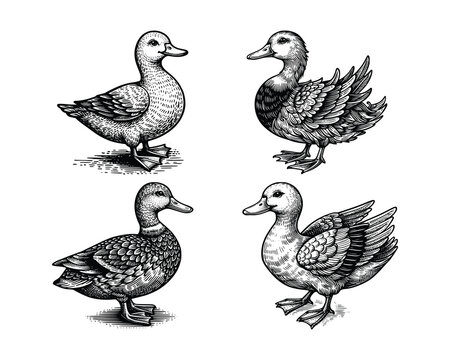 set of ducks  illustration. hand drawn duck black and white vector illustration. isolated white background
