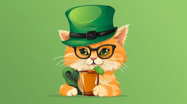 copy space, vector illustration, Portrait of orange cat wearing green hat holding beer. Beautiful mockup for Saint Patrick’s day. Design for greeting card, invitation, poster.