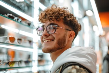 Young man trying out glasses in optics store