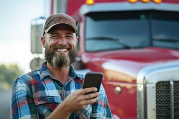 Smiling truck driver using smartphone in front of semi truck