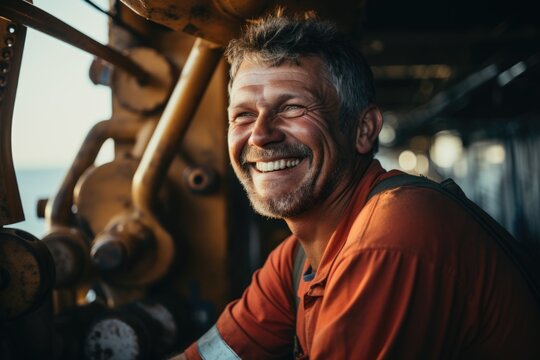Smiling oil rig worker in hard hat on offshore platform