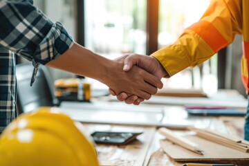 Construction worker and a businessman shaking hands - obrazy, fototapety, plakaty