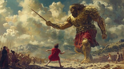 David and Goliath battling on a land in high definition WITH A BEAUTIFUL SKY
