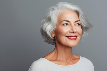 Elderly woman with healthy facial skin on gray background. Beautiful aging mature woman with gray hair, happy face. Concept of advertising beauty and cosmetics for women's skin care. Copy space.