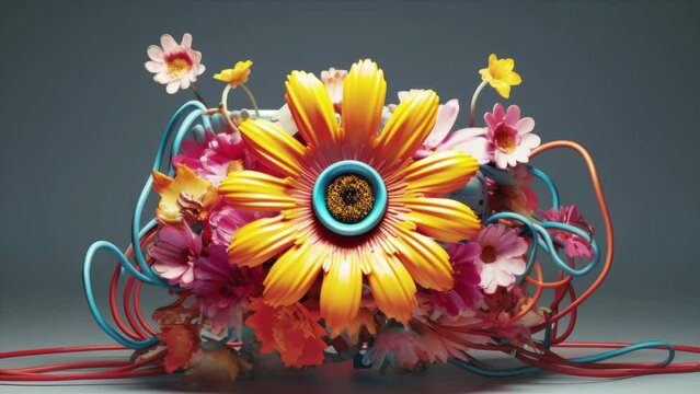 strange and alien flowers with wires and cables coming out 