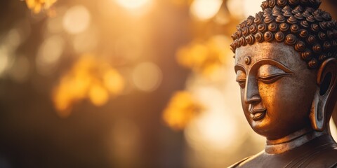 Buddha statue and golden background. Place for text. Symbol of peace and serenity.