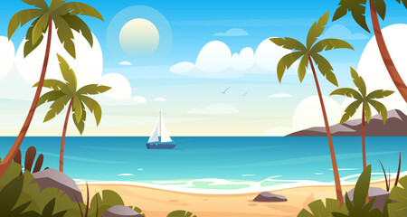 Fototapeta na wymiar Summer beach. Vector seaside landscape with coast, mountains, palm trees, sea, ocean, waves, ship, beautiful sky with clouds. Paradise nature vacation. Seascape background. Outdoor travel panorama