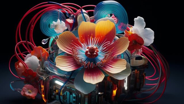 strange and alien flowers with wires and cables coming out 