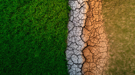 Imagen aérea de un terreno fértil con prados verdes y otra zona de tierra seca y quemada como símbolo del cambio climatico - obrazy, fototapety, plakaty