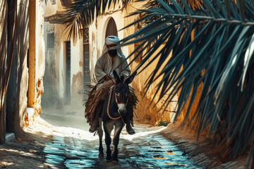 A man rides a donkey along the street of the old city, palm leaves in the right corner of the frame, a card or banner for Palm Sunday - obrazy, fototapety, plakaty