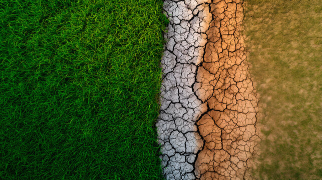 Imagen a&eacute;rea de un terreno f&eacute;rtil con prados verdes y otra zona de tierra seca y quemada como s&iacute;mbolo del cambio climatico