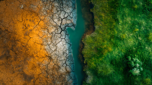 Imagen a&eacute;rea de un terreno f&eacute;rtil con prados verdes y otra zona de tierra seca y quemada como s&iacute;mbolo del cambio climatico