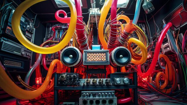fantastical music making machine with large speakers and cables