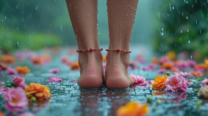 closeup picture of feet and anklet of a woman wet in rain with flowers