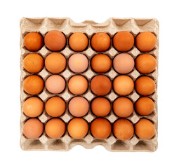 Chicken eggs in an organic box or tray on a white background. View from above. Eggs in a cardboard box