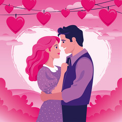 A couple in love. A man and a woman embrace tenderly. Family. Vector. Valentine's Day. Background of hearts and sunset. The color is pink, purple.