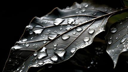 A close-up sketch of a leaf covered in raindrops
