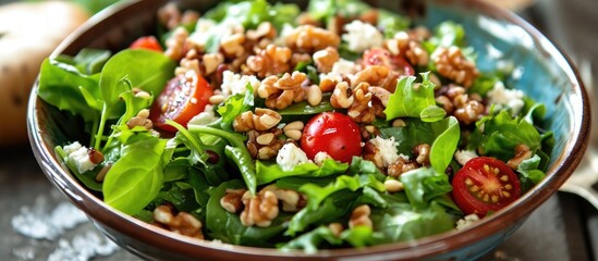 Mixed greens with feta, pine nuts, walnuts, and tomato.