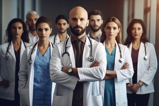 Team of diverse doctors and nurses standing in hospital medical image generative ai